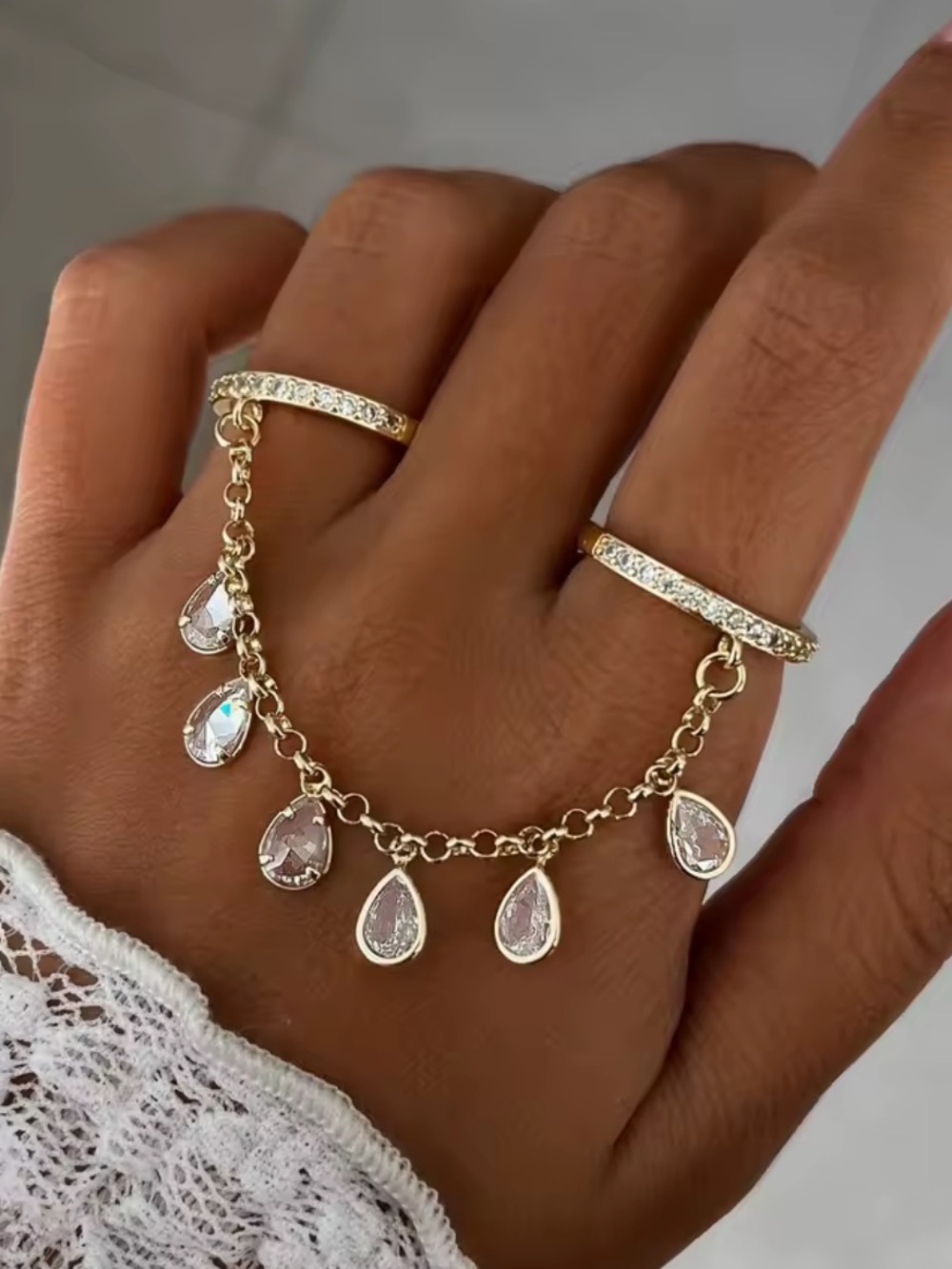 Kohl's Gold-Tone Double Ring with Clear Teardrop Charms